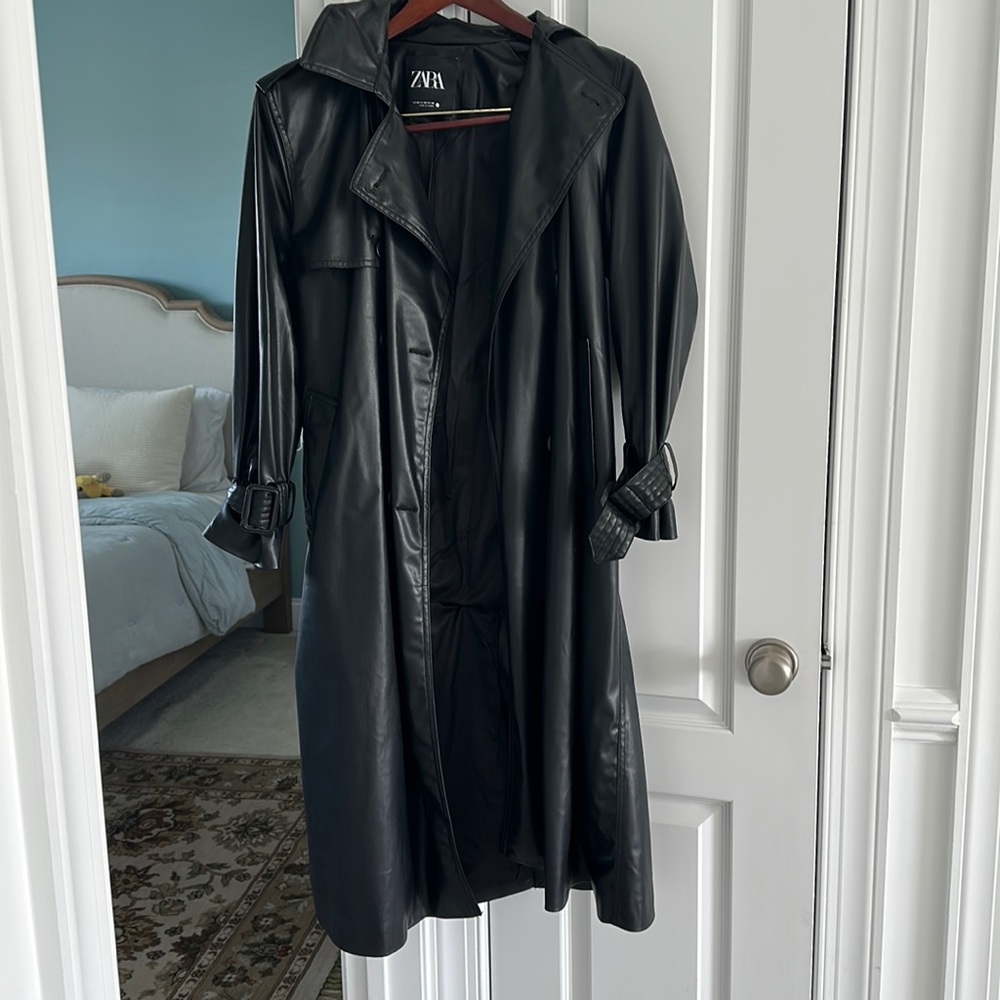 Zara Long Belted faux leather jacket XS